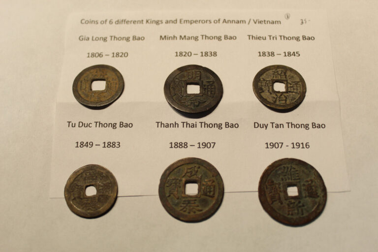 Read more about the article VIETNAM ANNAM CASH COINS 6 DIFF RULERS – GIA LONG  MINH MANG  THIEU TRI ….