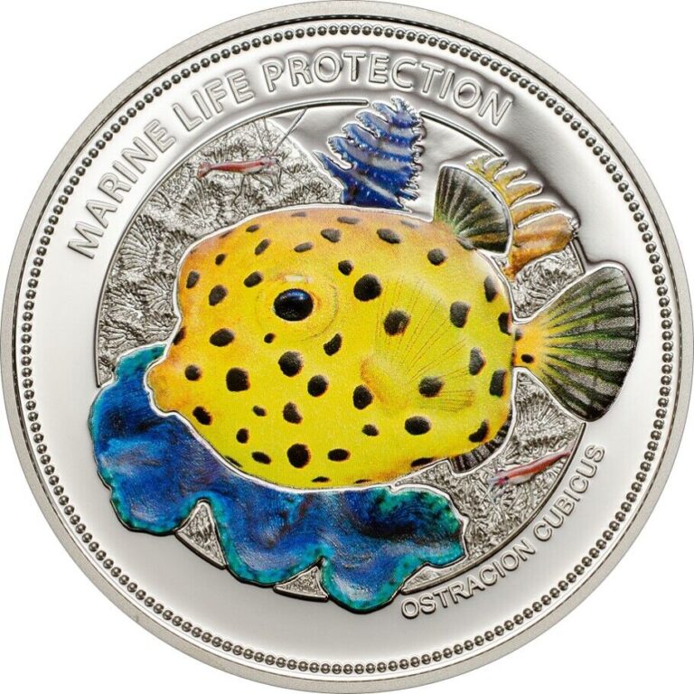 Read more about the article 25g Silver Coin 2014 Palau $5 Marine Life Ostracion cubicus Yellow Boxfish