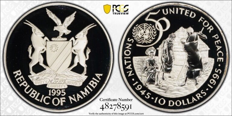 Read more about the article 1995 Namibia Silver $10 Proof 50th Anniversary United Nations – PCGS PR69 DCAM