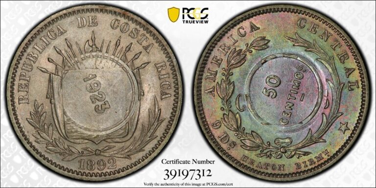Read more about the article 1923/1892 Costa Rica Countermarked 50 Centimos (PCGS MS62)