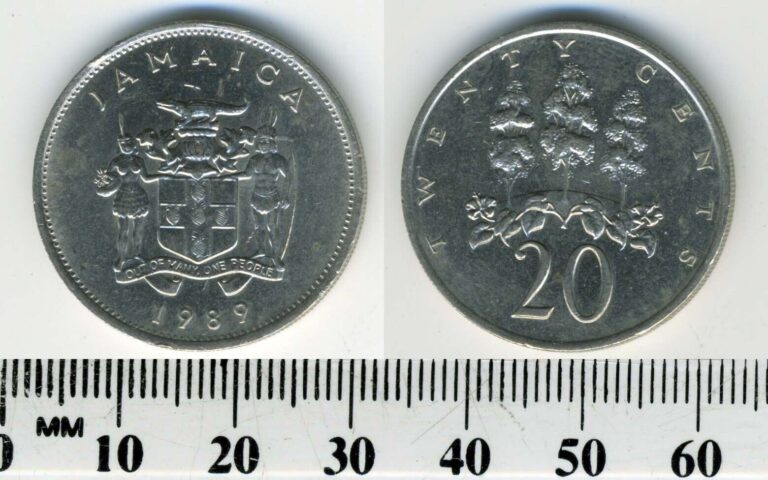 Read more about the article Jamaica 1989 – 20 Cents Copper-Nickel Coin – Arms – Mahoe trees