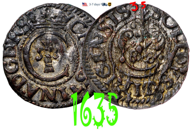 Read more about the article Sweden RIGA Schilling Solidus 1635 Queen Christina Billon Coin #12321