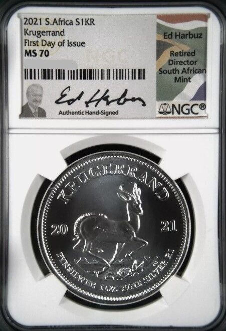 Read more about the article 2021 SOUTH AFRICA SILVER KRUGERRAND NGC MS70 FIRST DAY OF ISSUE ED HARBUZ SIGNED