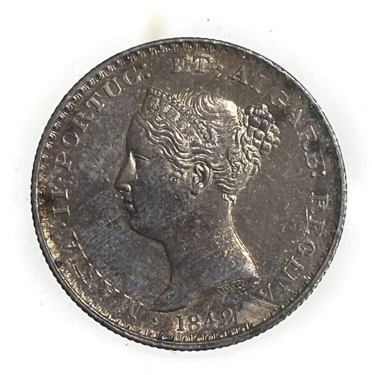 Read more about the article 1842 Silver Portugal 500 Reis Maria II Coin Uncirculated with Gold and Gray Toning