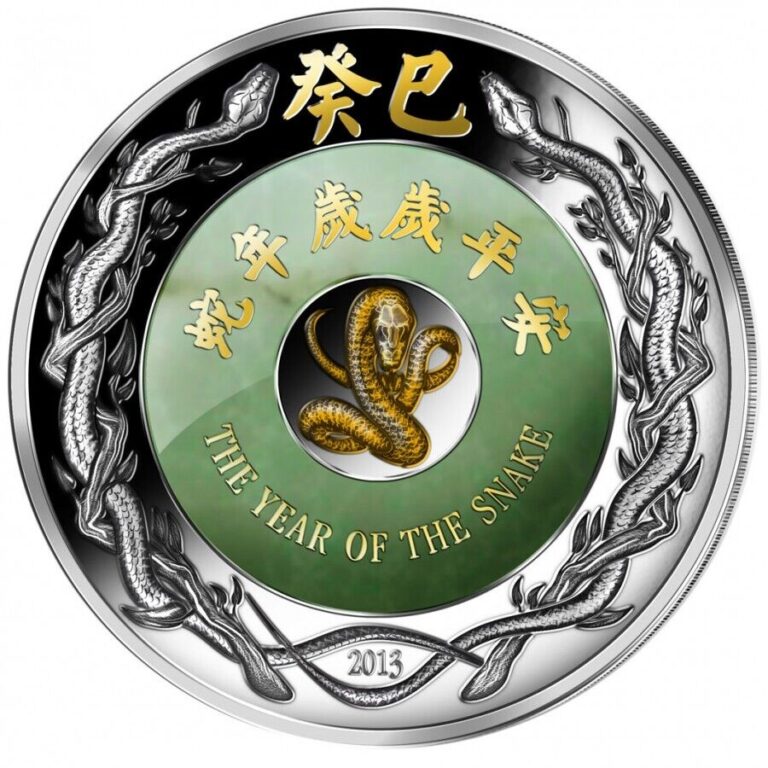 Read more about the article Laos 2 oz YEAR OF THE SNAKE 2000 KIP Jade Lunar Silver Coin Gilded 2013 Proof