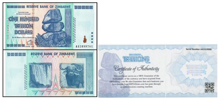 Read more about the article ZIM Zimbabwe 100 Trillion Banknote Note AA/2008  P-91  UNC authentic COA bundle