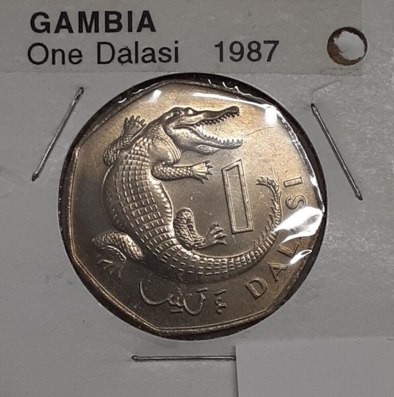 Read more about the article 1987 Gambia One Dalasi Copper-Nickel Coin  Crocodile   BU