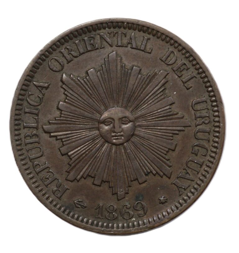 Read more about the article 1869 Uruguay 4 Centesimos Radian Sun Bronze Coin