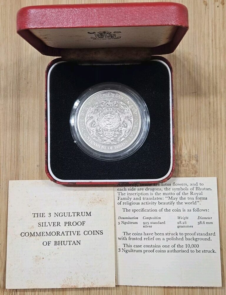 Read more about the article 1979 Bhutan 3 Ngultrums Silver Proof Coin – King Jigme – With OGP  COA and Capsule