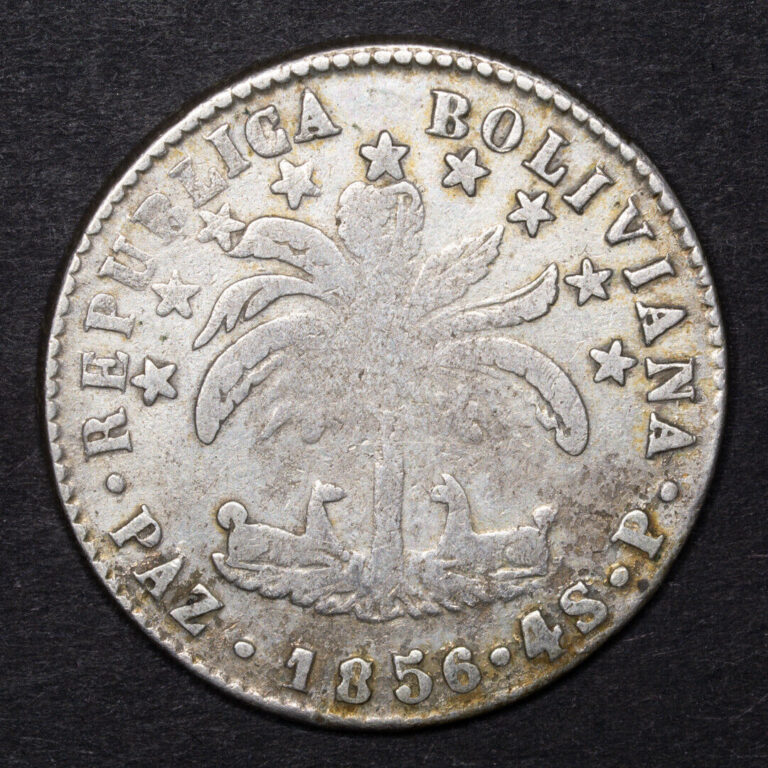 Read more about the article Bolivia  4 Soles 1856  PAZ Mintmark  Scarce Silver coin