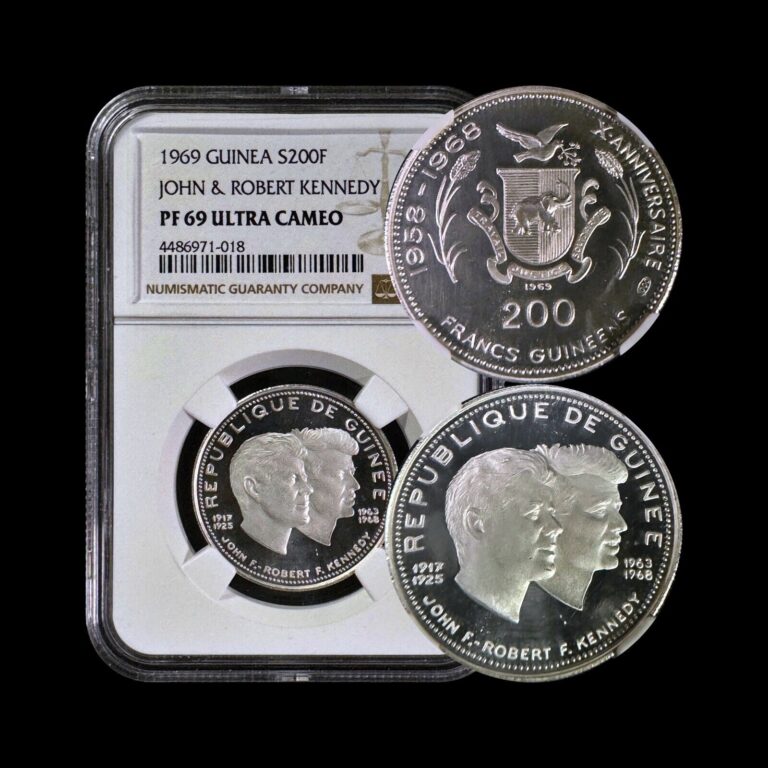 Read more about the article GUINEA. 1969  200 Francs  Silver – NGC PF69 – Top Pop🥇 Kennedy Bros  RFK JFK