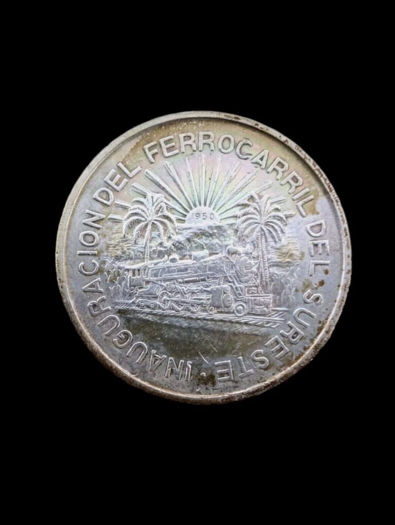Read more about the article 1950 Mexico 5 Pesos  Sothern Railroad  .720 Silver Coin  UNC  Rainbow Tone