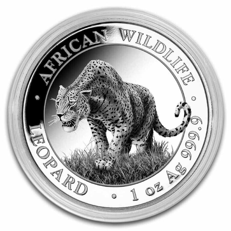 Read more about the article 2023 Somalian Leopard 1 oz .999 Silver Coin Big Cat on the prowl New in capsule