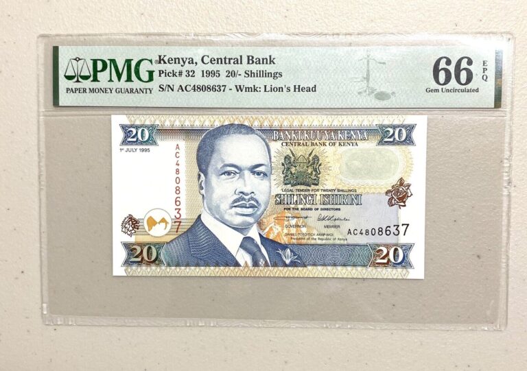 Read more about the article Kenya 20/- Shillings TOP POP ! 1995 Pick#32  PMG 66 EPQ Gem Unc Banknote