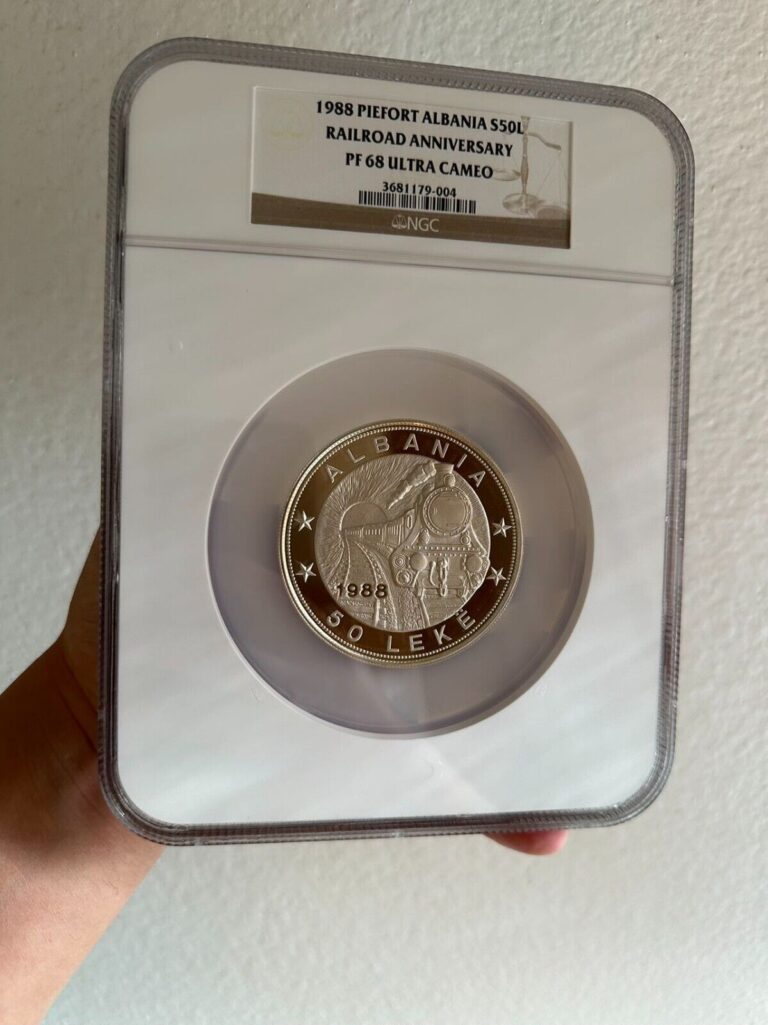 Read more about the article Piefort 1988 Albania S50L Railroad Anniversary Silver 10oz NGC PF68UC Rare