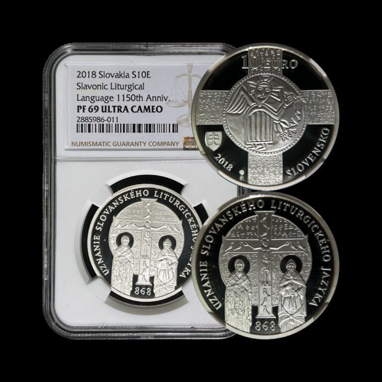 Read more about the article SLOVAKIA. 2018  10 Euro  Silver – NGC MS69 – Top Pop 🥇 Slavonic Liturgical Lang