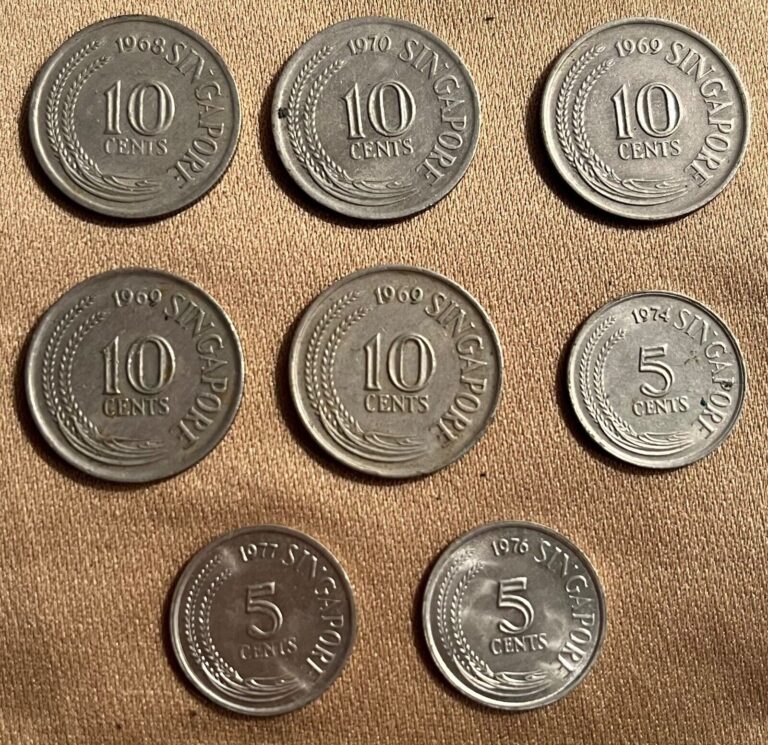 Read more about the article Singapore 10 Cent 1968-70 Coins (5) + 5 Cent 1974  76  77 (3)