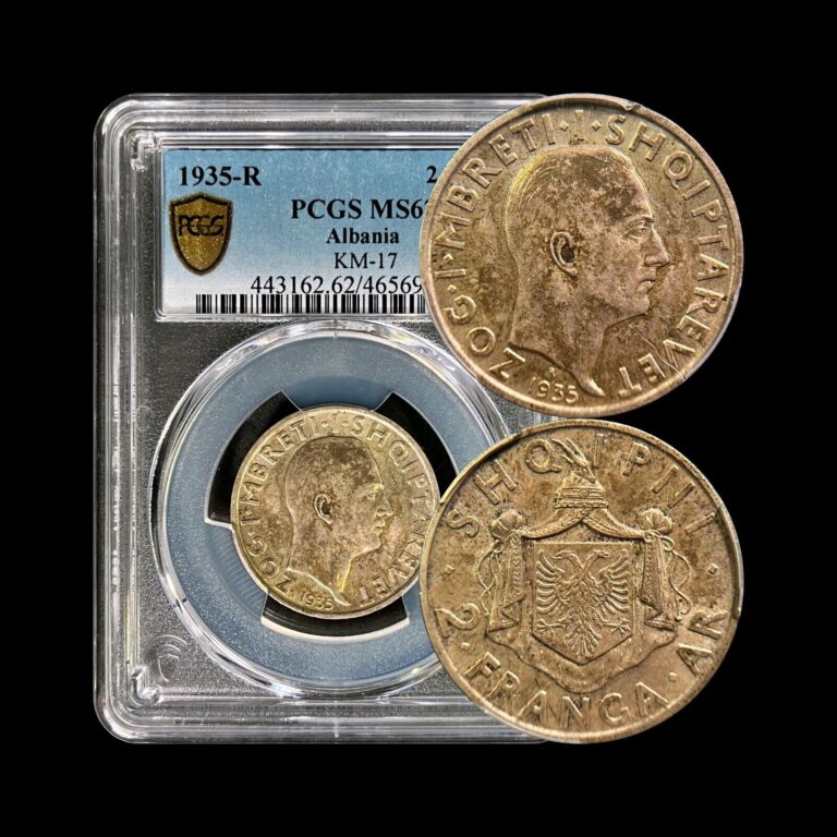 Read more about the article ALBANIA. 1935  2 Franga Ari  Silver – PCGS MS62 – Top Pop 🥇 Zog  Albanian Arms