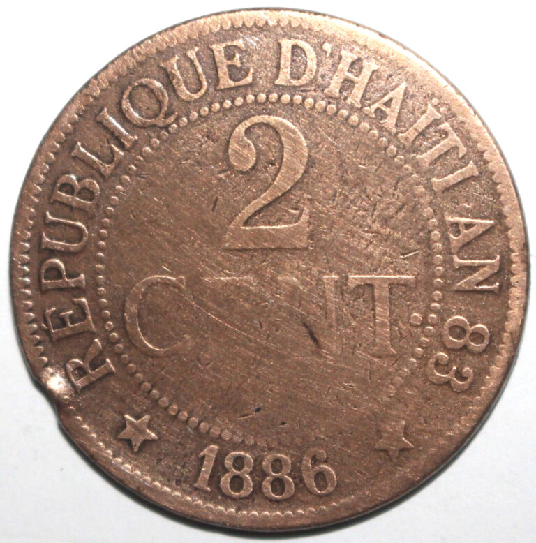 Read more about the article Haitian Republic 2 Centimes Coin 1886 AN 83 KM# 49 Haiti Two
