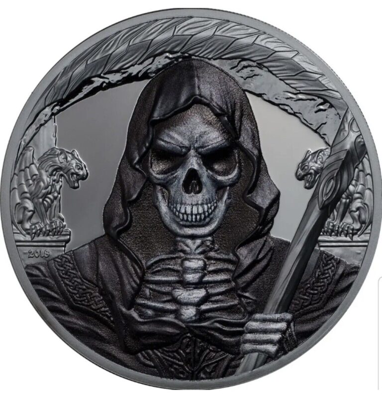 Read more about the article Equatorial Guinea 2018 SILVER BLACK PROOF 1oz .999 – Grim Reaper Death- 666 Made