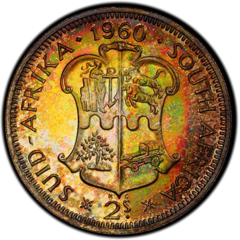 Read more about the article PR66 1960 South Africa Silver 2 Shillings Proof  PCGS- Pretty Rainbow Toned
