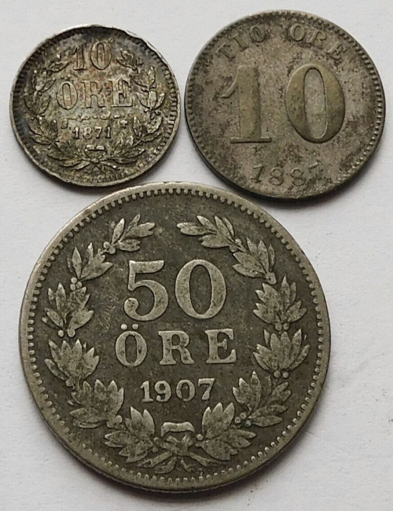Read more about the article Lot of 3 Sweden coins  1871 10 Ore + 1887 10 Ore + 1907 50 Ore  Silver Billon