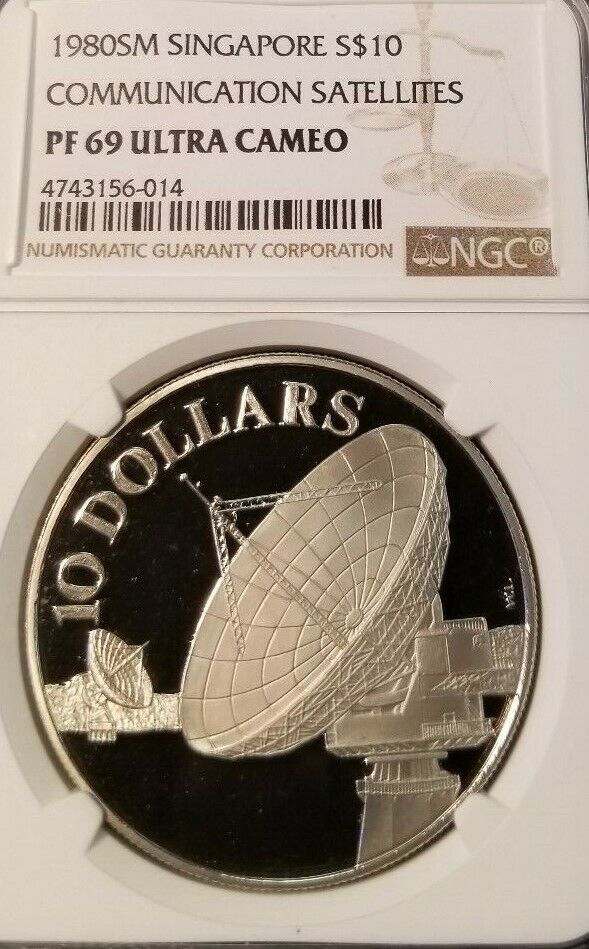 Read more about the article 1980 SINGAPORE SILVER $10 COMMUNICATION SATELLITES NGC PF 69 ULTRA CAMEO TOP POP