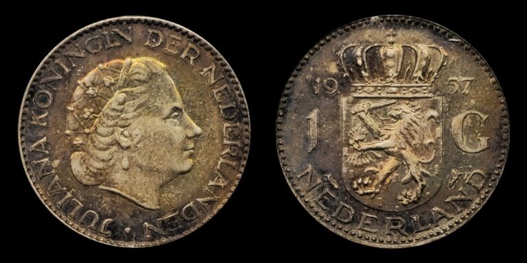 Read more about the article 1957 Netherlands 1 Gulden Coin  .720 Silver  Juliana of the Netherlands  Arms