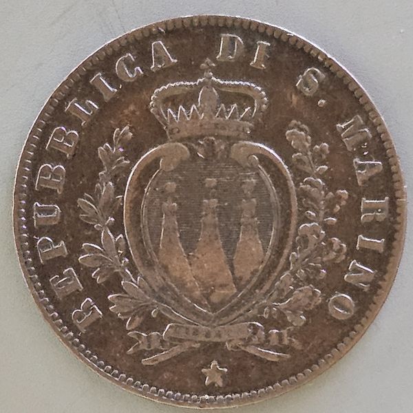 Read more about the article SAN MARINO  1869 M    5 Centesimi    KM# 1   Copper    Nice  Problem Free  Circ