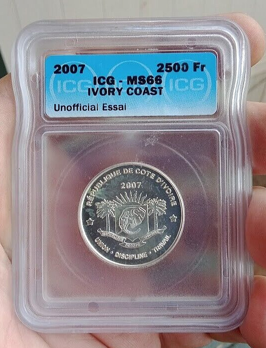 Read more about the article MS66 VERY RARE ‘Unofficial Essai’ Test run SILVER 2007 Ivory Coast 25 Francs ICG