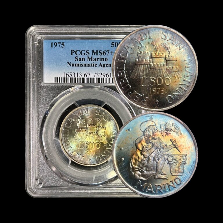 Read more about the article SAN MARINO. 1975  500 Lire  Silver – PCGS MS67 – Stonecutter  🌈 Toned  + PLUS