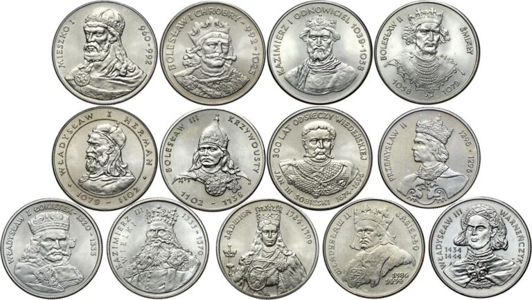 Read more about the article Poland LOT 13 Coins 50 100 500 10000 Zloty Złotych 1979–1992 Polish Kings SET