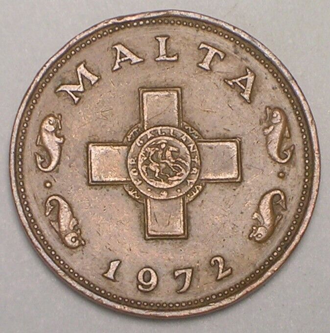 Read more about the article 1972 Malta Maltese One 1 Cent St. George Cross Dolphins Coin VF