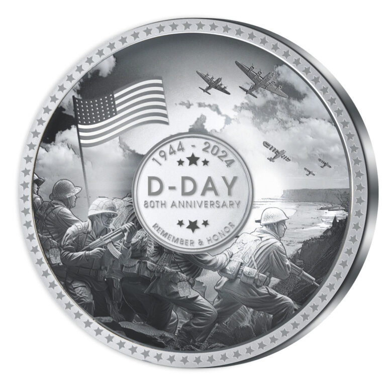 Read more about the article 2024 Solomon Islands 80th Anniversary of D-Day 50 g Silver Domed Shaped Coin