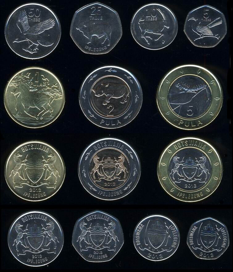 Read more about the article BOTSWANA COMPLETE COIN SET 5+10+25+50 Thebe +1+2+5 Pula 2013 KM31-37 UNC LOT 7