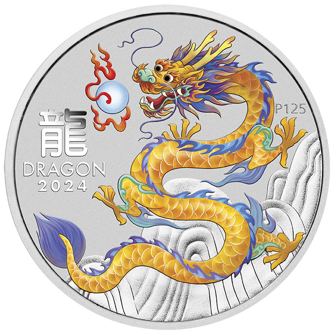 Read more about the article 2024 Australia Yellow Lunar Dragon BU Colorized 1 oz Silver Coin