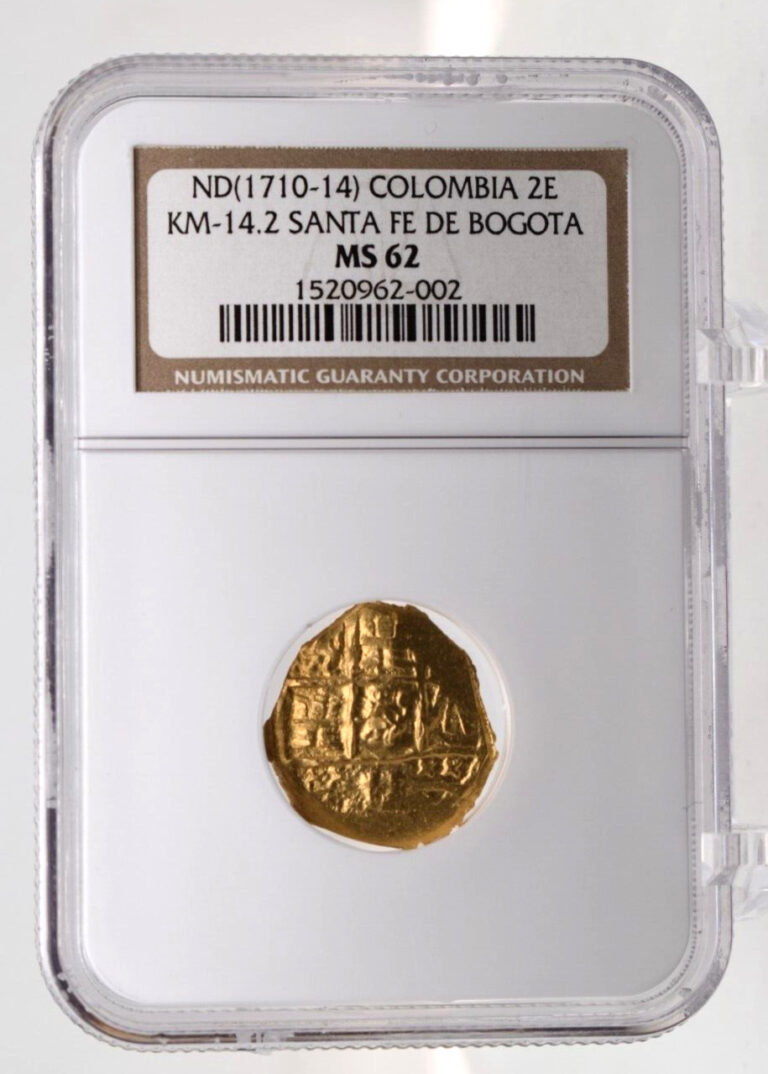 Read more about the article Colombia: Charles II gold cob 2 Escudos  (1710-1714) SANTA FE DE BOGOTA NGC MS62