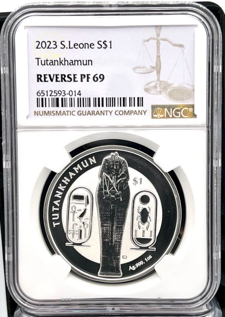Read more about the article 2023 Sierra Leone King Tut Tutankhamun Sarcophagus 1 oz Silver Coin – NGC PF 69