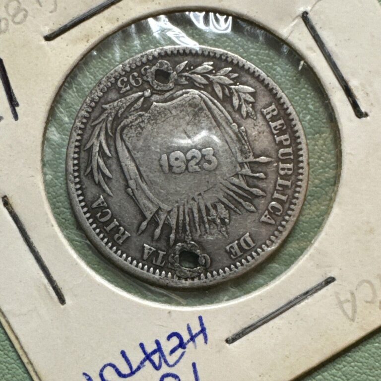 Read more about the article 1923 Costa Rica  50 Centimos  .750 Silver  Host Date 1893  KM-158 Holed