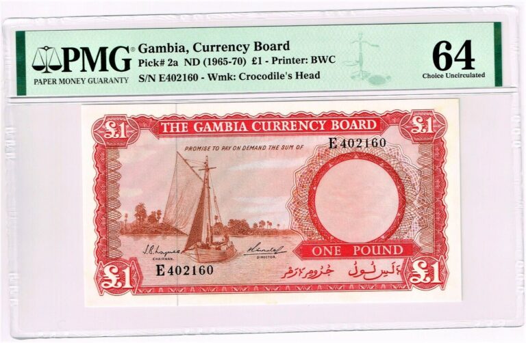 Read more about the article Gambia: 1 Pound ND (1965-70) Pick 2a PMG Choice Uncirculated 64.