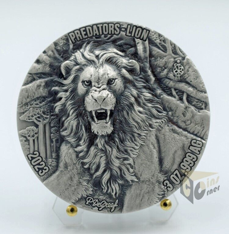 Read more about the article Ivory Coast 2023 Predators Lion 3 oz UltraHigh Relief Antique finish Silver Coin