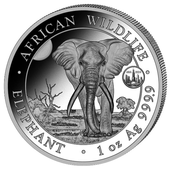 Read more about the article 2024 Somalia Elephant with ANA Privy 1 oz Silver Coin – 1 000 Mintage