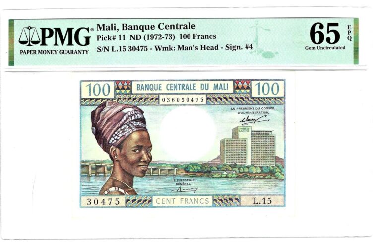 Read more about the article Mali: Banque Centrale du Mali 100 Francs ND (1972-73) Pick 11 PMG Gem Unc. 65.