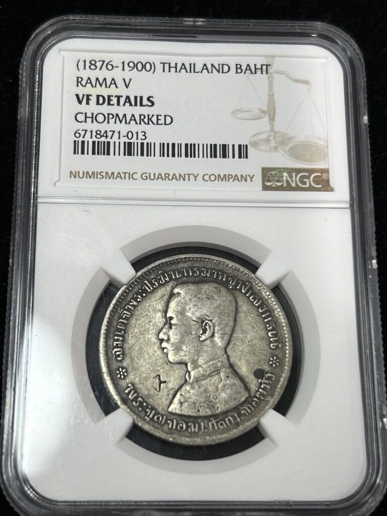 Read more about the article SASA 1876-1900 Thailand Baht Rama V Ngc Vf Details Chopmarked