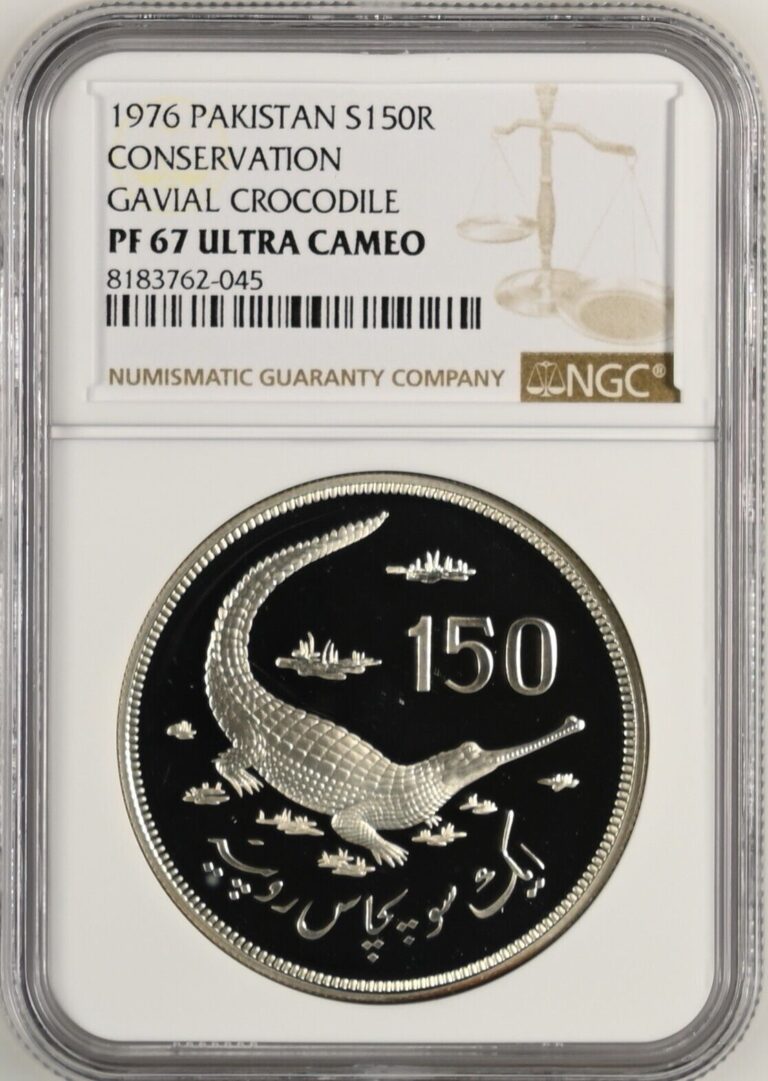 Read more about the article PAKISTAN 150 Rupees 1976 Silver NGC PF67 Conservation Gavial Crocodile