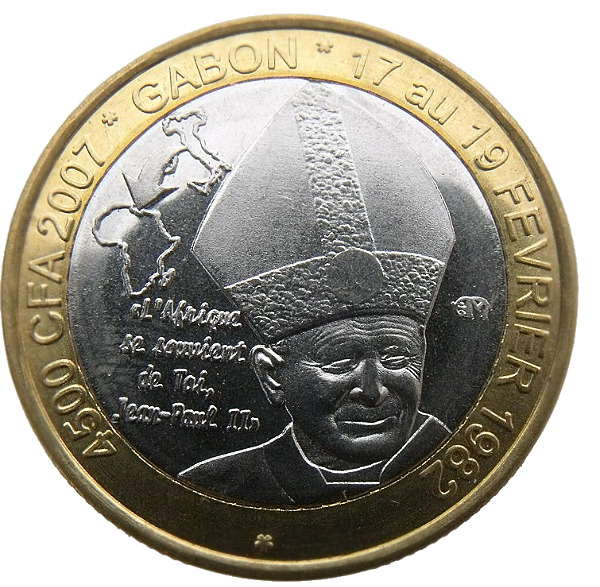 Read more about the article GABON 4500 CFA FRANCS – 3 AFRICA 2007 POPE JOHN AND PAM BIMETALLIC COIN