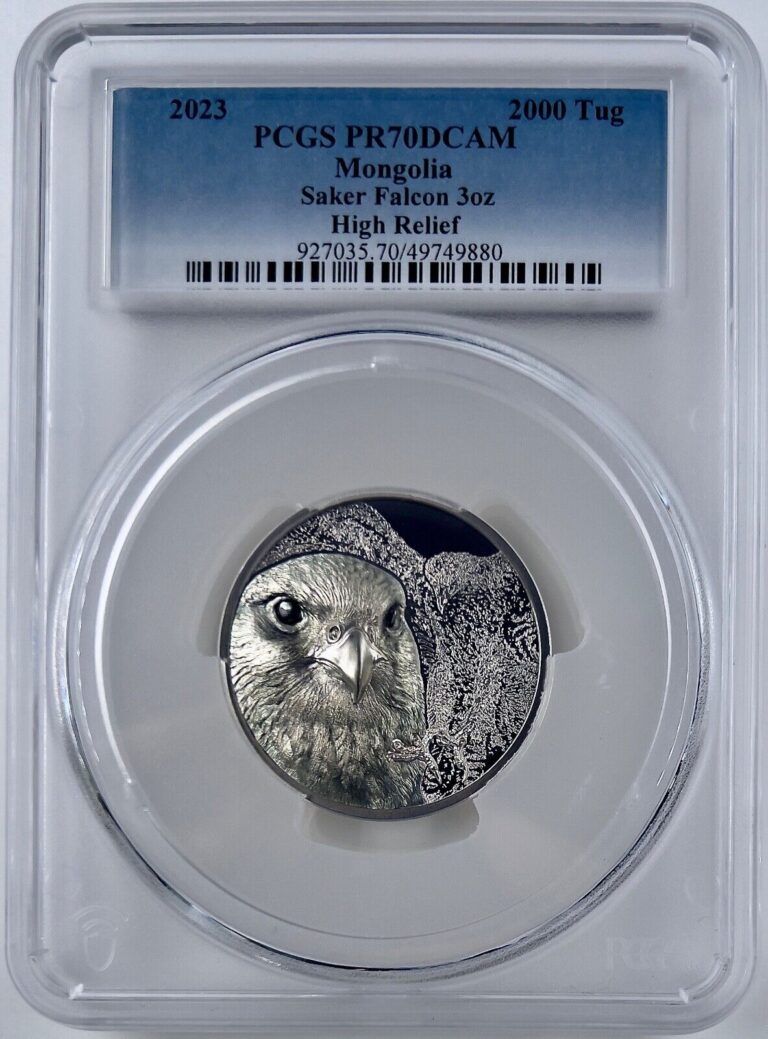 Read more about the article 2023 Mongolia 3 Oz Silver Coin Saker Falcon High Relief PCGS PR70DCAM Proof