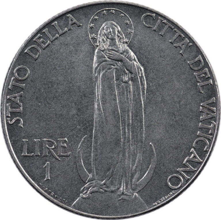 Read more about the article Vatican City – 1 Lira – 1941 – Unc – Virgin Mary standing on globe – Pius XII