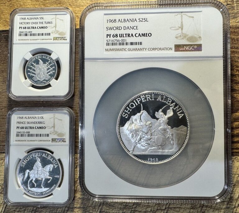 Read more about the article 1968 Albania 3-Coin Silver Proof Set  5-10-25 Leke  NGC PF 68 UCAM  2 TOP POPs!