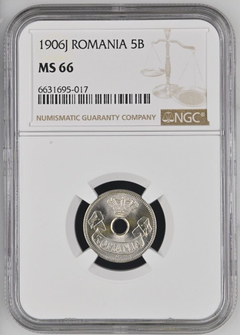 Read more about the article 1906  Kingdom of Romania  Carol I. Nice Copper-Nickel 5 Bani Coin. NGC MS-66